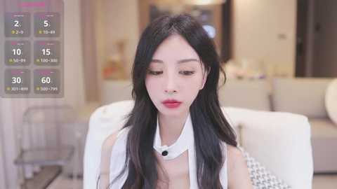 Media: A video of an Asian woman with long black hair and pale skin, wearing a white halter top and red lipstick, seated indoors.