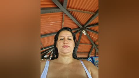 Media: Video of a middle-aged woman with medium build and light skin, wearing a light blue tank top, standing under an orange corrugated metal roof. She has long black hair and a neutral expression.