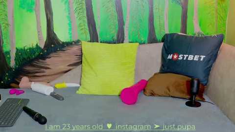 Media: Video of a cozy, modern office setting with a gray desk, bright yellow and lime green pillows, a plush brown dog, and a \"MOSTBET\" cushion.