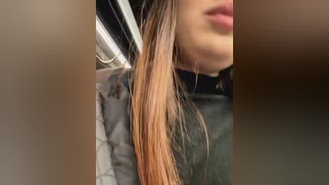 Media: Video of a close-up of a woman's face with light brown hair, wearing a gray jacket, with a blurred car interior background.