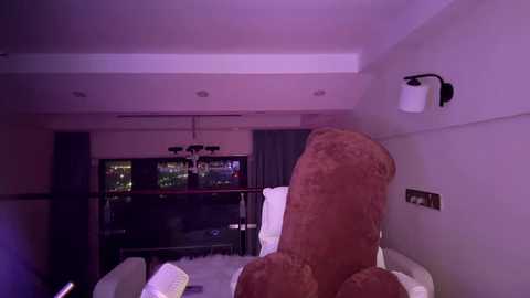 Media: A video of a dimly-lit hotel room with a large, stuffed, brown teddy bear on a bed, a wall-mounted toilet paper holder, and a TV screen displaying a cityscape.