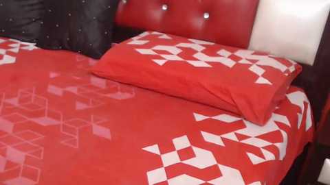 Media: Video of a bed with a red and white geometric-patterned duvet and pillow, set against a tufted black leather headboard. The room has a modern, minimalist design.