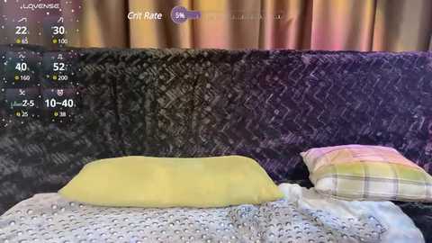 Media: Video of a plush, dark purple couch with a textured pattern. A yellow pillow and a plaid pillow are on the couch, which has a blanket with a white, dotted pattern. A video game overlay with statistics and character names is visible.