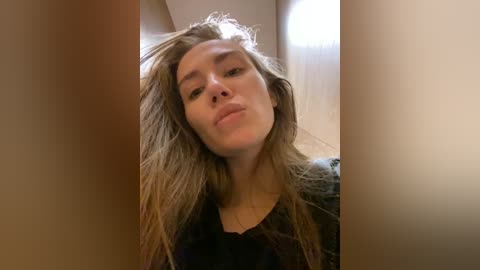 Media: A video of a young woman with long, wet, light brown hair, puckering her lips in a playful manner. She wears a dark top and is indoors with soft, diffused lighting.