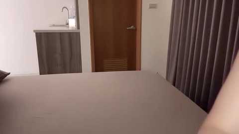 Media: Video of a minimalist bedroom with a beige bedspread, a wooden door, grey curtains, and a small white sink area with a faucet.