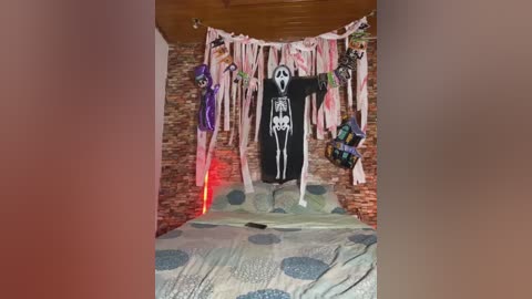 Media: Video of a Halloween-themed bedroom with a black skeleton on a bed, surrounded by pink and purple streamers and decorations.