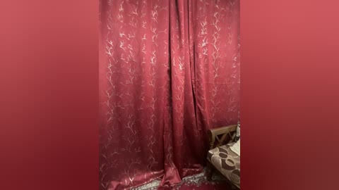 Media: Video of a rich, maroon curtain with a subtle, white floral pattern, partially covering a beige cushion with an ornate design. The background is a solid red wall.