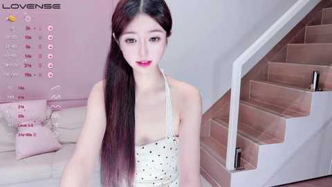 Media: A video of an East Asian woman with long black hair, fair skin, and pink lipstick, wearing a white polka-dot dress, seated indoors near a staircase.