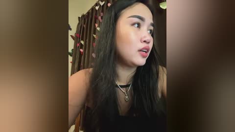 Media: Video of a young woman with long black hair, fair skin, and a slender physique, wearing a black top, speaking with a serious expression, in a room with brown curtains and a floral pattern.