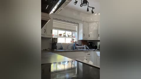 Media: Video of a modern, spacious kitchen with white cabinets, stainless steel appliances, and a large window with blinds. A person is seen washing dishes in the sink.