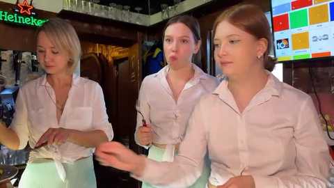 Media: Video of three young women in light pink Heineken branded shirts, cleaning a bar, with a colorful digital menu screen in the background.