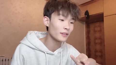 Media: A video of a young Asian man with short, messy hair in a light grey hoodie, pointing with his right hand, in a beige room with a wooden door and radiator.