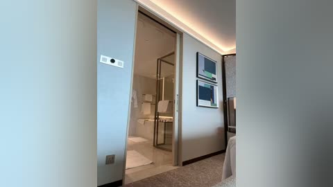 Media: Video of a modern bathroom with a glass door leading to a bedroom. The bathroom features a white toilet, sink, and mirror, while the bedroom showcases a bed and framed abstract art on the wall.