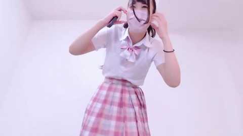 Media: Video of a young Asian woman with straight brown hair, wearing a white blouse with a pink bow and a pink plaid skirt, adjusting her hair in a white room.