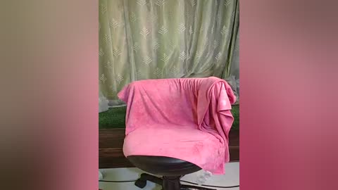 Media: A video of a pink towel draped over a black office chair, against a green patterned curtain backdrop. The scene is indoors, with a white floor visible.