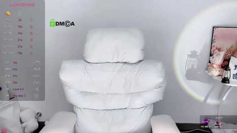 Media: Video of a white, plush, oversized armchair with a plush, white pillow, placed against a white wall. A green and black \"DMOA\" logo is on the left. On the right, a framed photo of a pink flower arrangement and a white table.