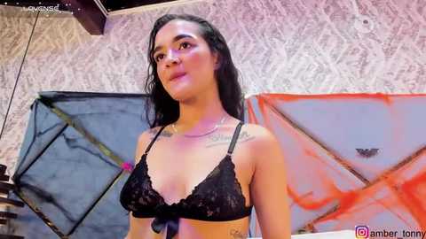 Media: Video of a Latina woman with medium skin tone, long black hair, wearing a black lace bra, standing against a textured, patterned wall. Background features an orange and gray abstract painting.