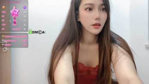 Media: Video of a young Asian woman with long brown hair, fair skin, wearing a red lace bralette, standing in a white room, with a chat interface visible in the background.