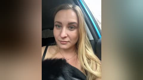 Media: Video of a fair-skinned, blonde woman with light makeup, wearing a black bra, sitting in a car with blurred faces in the foreground.