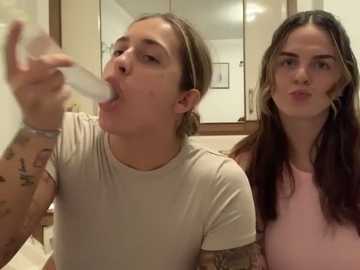 Media: Video of two young women, one with a tattooed arm, drinking from a white bottle, in a bathroom with a mirror and framed art.