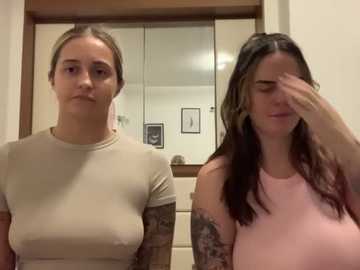 Media: Video of two women in a bathroom. One with short blonde hair, wearing a beige top, stands next to a brunette with dark hair, wearing a pink top, covering her face.