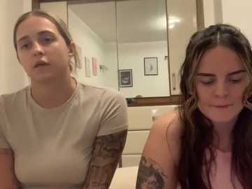 Media: Video of two young women with light skin, one with short brown hair in a gray shirt, the other with long dark hair in a pink tank top, both looking introspective in a bathroom with a mirror, framed artwork, and a sink.