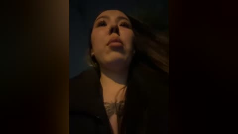 Media: Video of a woman with light skin, dark hair, and a contemplative expression, wearing a dark coat and a lacy top, standing in a dimly lit outdoor setting.