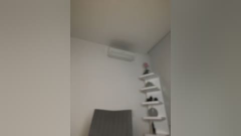 Media: Video of a minimalist, modern bedroom with white walls, a gray upholstered chair, a white shelving unit with books and small plants, and a small air conditioner mounted on the wall.