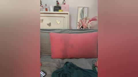 Media: A video of a cozy living room with a gray couch, pink pillow, and scattered items including a remote control, framed mirror, and stuffed animals.