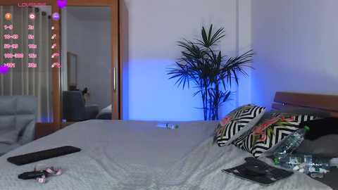 Media: A video of a modern bedroom with a bed adorned with grey sheets, black phone, and a glass of water. A large potted plant and a TV screen displaying financial data are visible in the background.