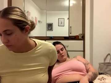 Media: Video of two women in a bedroom; one with light hair in a yellow shirt, the other with dark hair in a pink tank top, both leaning on a white dresser.