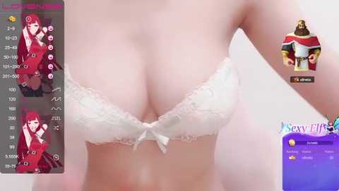 Media: A close-up video of a fair-skinned woman wearing a white lace bra, partially revealing her cleavage. The background features a video game interface with character icons and a \"Sexy Live\" watermark.