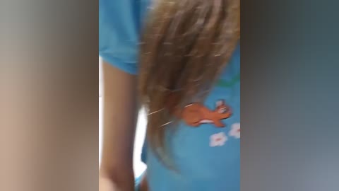 Media: A video of a person's torso with long brown hair, wearing a blue t-shirt with a cartoon squirrel design, blurred background.