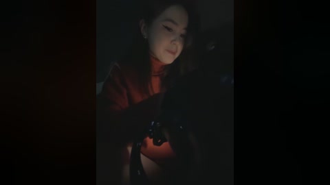 Media: A dimly lit video of a young woman with fair skin and dark hair, wearing a red turtleneck, holding a camera, with a dark, moody background.