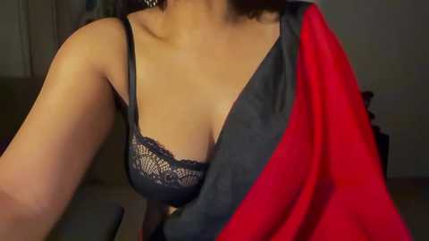 Media: A video of a woman in a black lace bra, wearing a red shawl, with her head slightly out of frame. The background is dimly lit, showing a couch and part of a room.