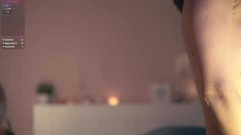 Media: A blurred, close-up video of a nude person standing in a dimly lit room with soft pink walls. The background includes a dresser and indistinct objects.