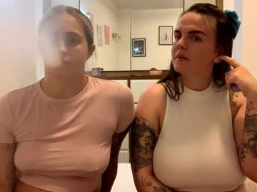 Media: Video of two women with tattoos, one wearing a pink crop top, the other a white crop top, standing in a bathroom with a mirror.