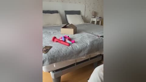 Media: A video of a tidy, modern bedroom with a white bed, gray bedding, two pillows, and a box on the bed. A pink plush toy and a remote control lie on the bedspread.