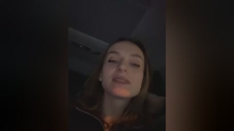 Media: Video of a young Caucasian woman with light skin, brown hair, and minimal makeup, wearing a dark jacket, looking relaxed and slightly smiling while sitting in a dimly lit car.