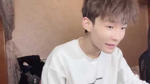 Media: A video of a young Asian boy with short brown hair, wearing a white T-shirt, sitting indoors with a neutral expression. Background features a textured beige wall and a draped curtain.