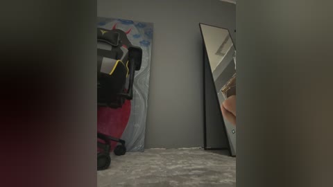 Media: A video showing a woman with light skin and short blonde hair, reflected in a full-length mirror, standing in a dimly lit room with a grey wall, red and black luggage, and a partially visible painting.