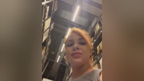 Media: A video of a blonde woman with fair skin and a slim build, wearing a gray top, taken from a low angle in a dimly lit industrial setting with exposed metal beams and pipes.