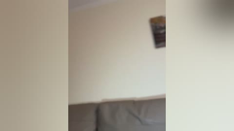 Media: Video of a beige wall with a framed poster, a gray couch partially visible, and a blurred figure in the background.