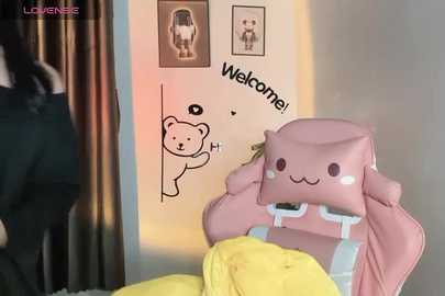 Media: A video shows a pink plush toy bear with a white bib and yellow bibbed shorts, sitting on a yellow cushion. The background features a wall with \"Welcome!\" and cartoon figures, and a person in a dark outfit is partially visible.