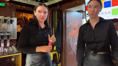 Media: Video of two young women with light skin and long brown hair in black chef uniforms, standing in a bar with a dark wooden interior and colorful neon signs.