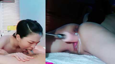 Media: Video showing an Asian woman with black hair performing oral sex on a man, both naked, in a dimly lit room.