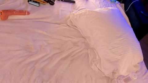 Media: A video of a white, wrinkled bedsheet with a large, uneven fold, featuring a mix of soft and harsh lighting. Various items, including a phone and a pair of scissors, are scattered around the sheet, suggesting a messy or lived-in environment.