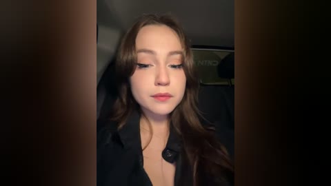 Media: A video of a fair-skinned woman with long brown hair, wearing a black jacket, sitting in a dimly lit car, eyes closed, looking pensive.