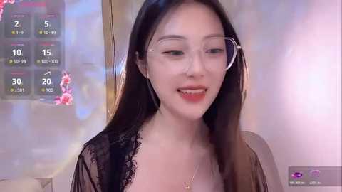 Media: Video of a smiling, fair-skinned Asian woman with long black hair, wearing glasses and a black lace robe, standing in a room with a digital weather display and colorful bokeh lights.