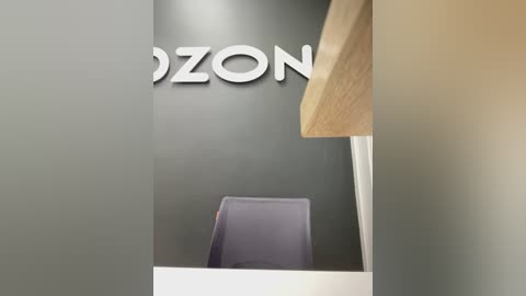 Media: Video of an office reception area with a gray wall featuring the \"AIZON\" logo in white letters. A gray chair is placed in front of a modern white reception desk, with a beige lampshade partially visible on the right.